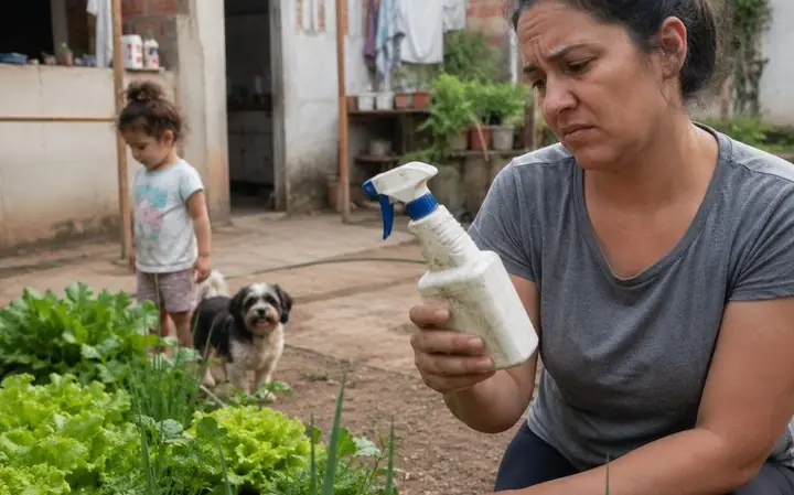 Tutora hesitando em usar borrifador químico perto da horta, com criança e cachorro ao fundo